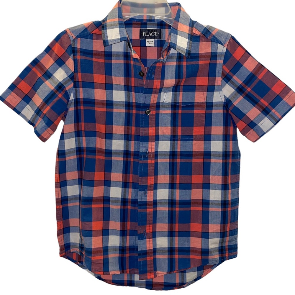 Children’s Place Orange & Blue Plaid Youth Short Sleeve Button Down 8